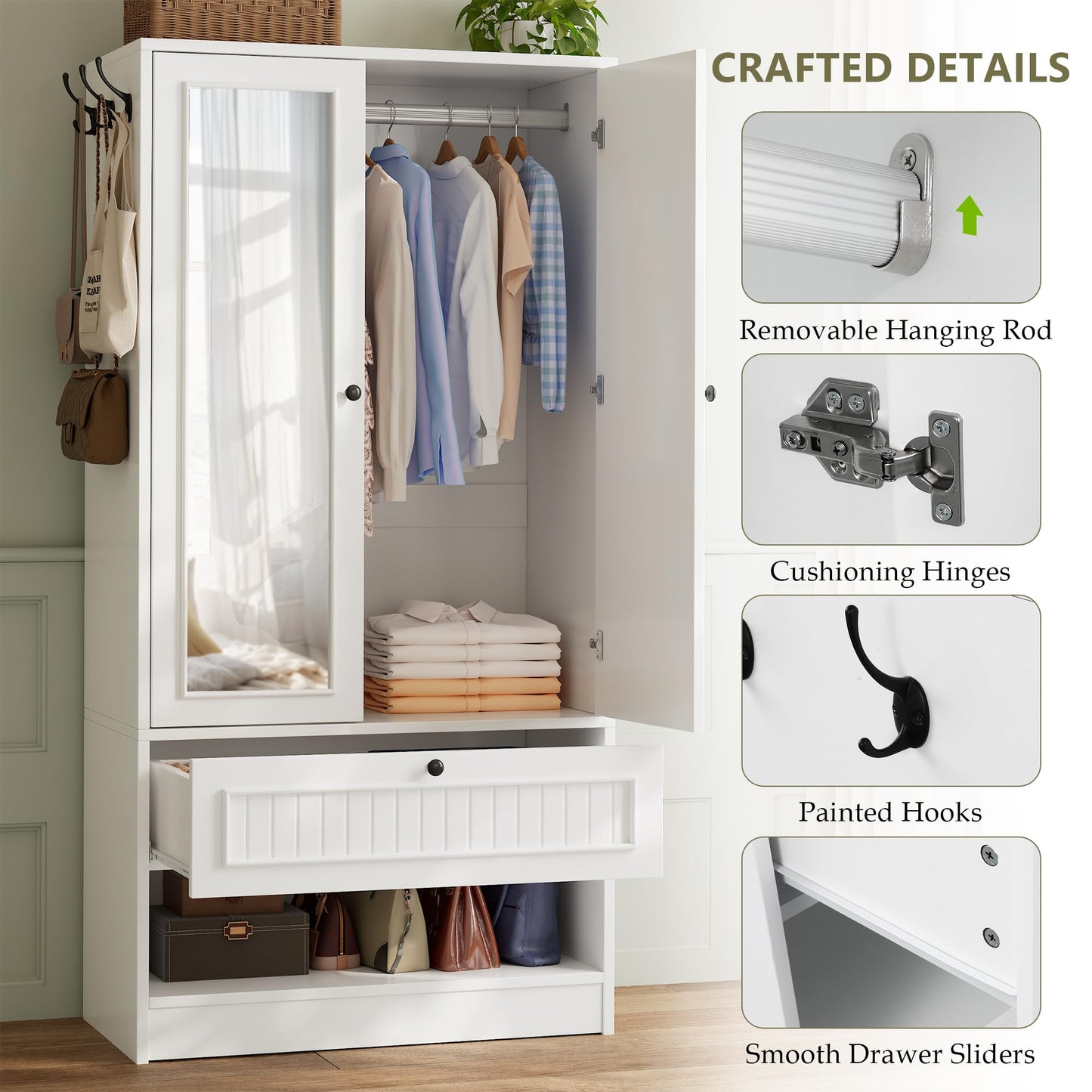 Feonase Armoire Wardrobe Cabinet with Mirror and Drawer, 70" 2-Door Wooden Closet Organizer for Bedroom Storage, White