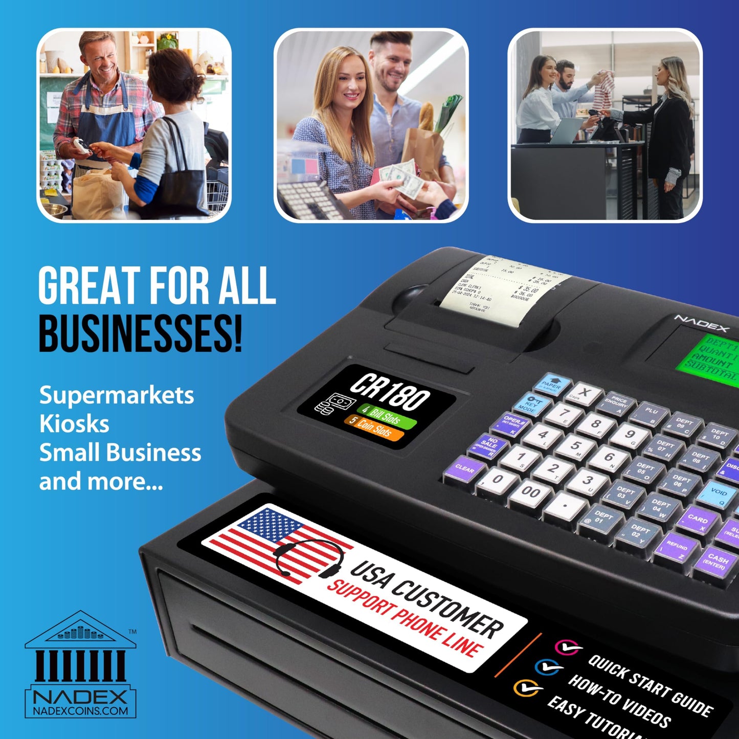 Nadex CR180 Electronic Cash Register, Steel Cash Drawer, Compact Design, Black