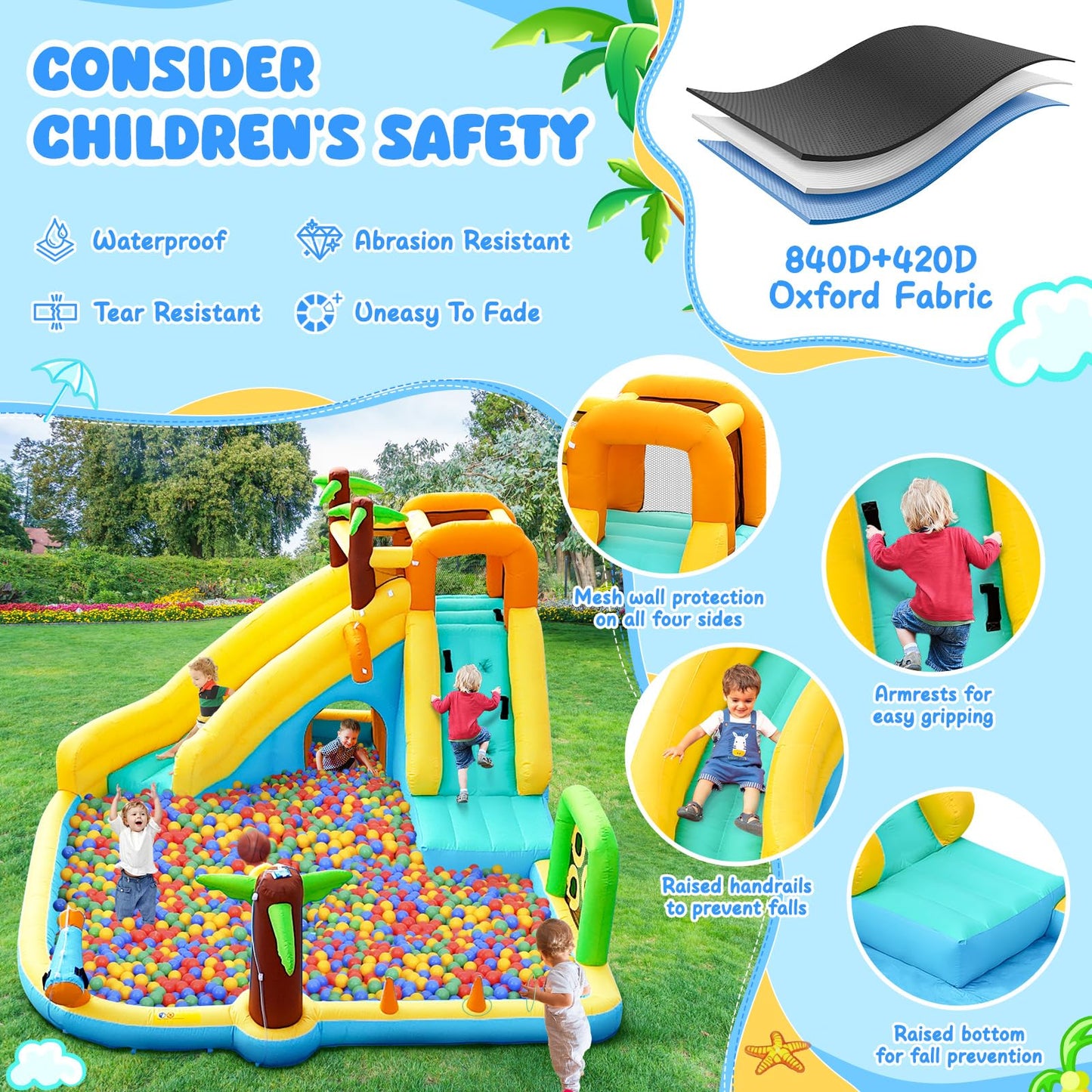 GYMMALL Inflatable Water Slide Bounce House with 450 W Blower, Blow up 10-in-1 Waterslide Park Bouncy Castle Outdoor and Indoor, Bouncer House with Splash Pool, Sprinklers and Long Slide