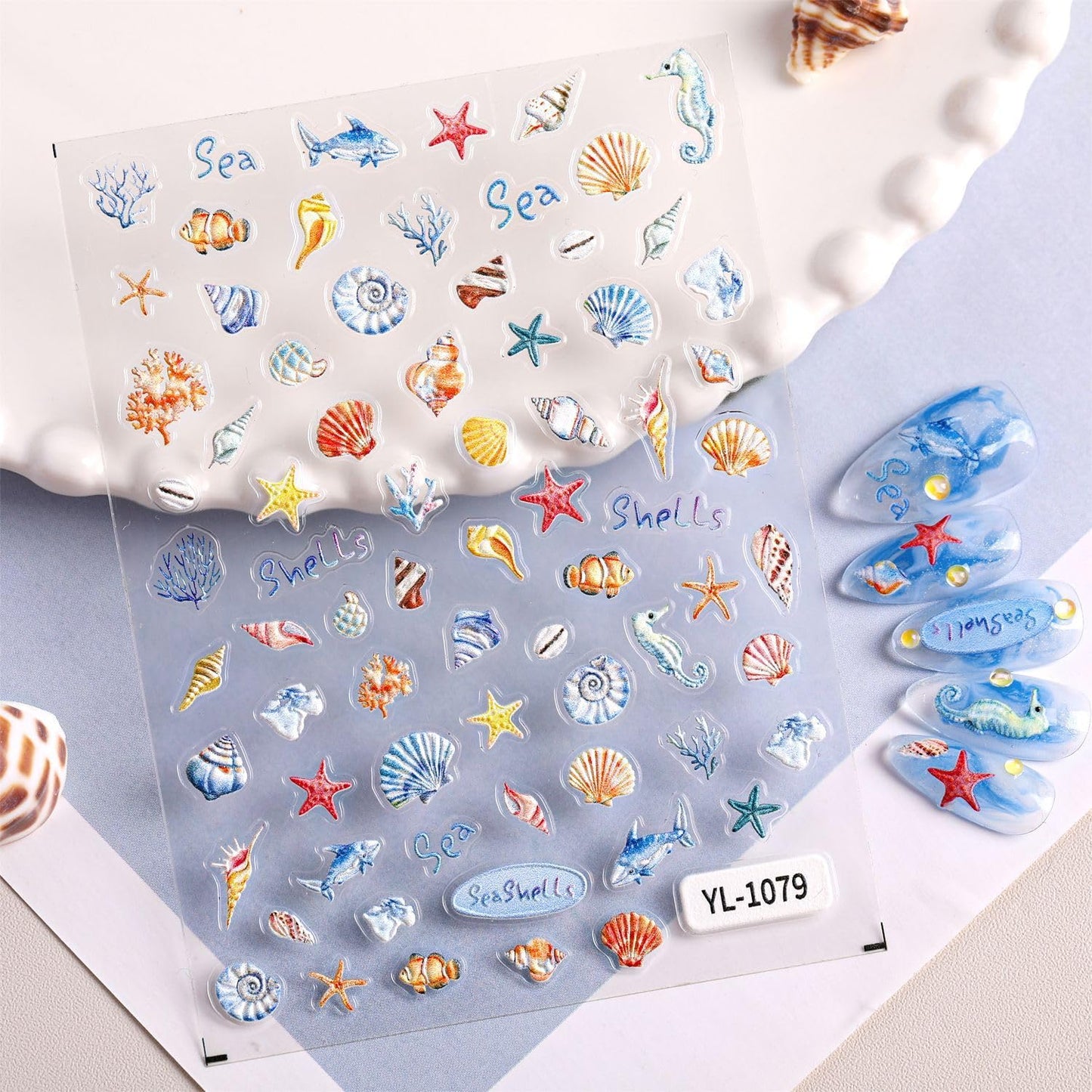 4 Pcs Summer Ocean Nail Stickers for Nail Art, 5D Embossing Self-Adhesive with Shell Fish Jellyfish Nail Decals, Nail Supplies Nail Art Design Accessories for Women and Girls Manicure DIY Decoration