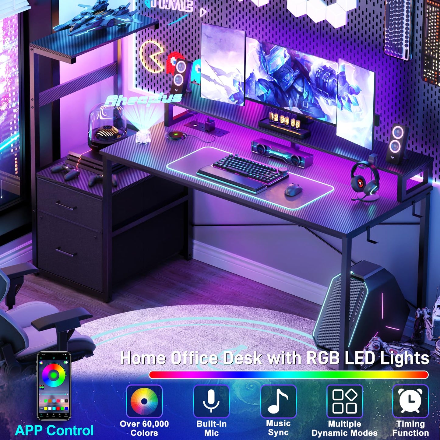 Aheaplus Gaming Desk with LED Strip & Power Outlet, 59Inch Reversible Computer Desk with Monitor Stand & Storage Shelves, Home Office Desks with Fabric File Drawer, PC Gamer Table, Carbon Fiber Black