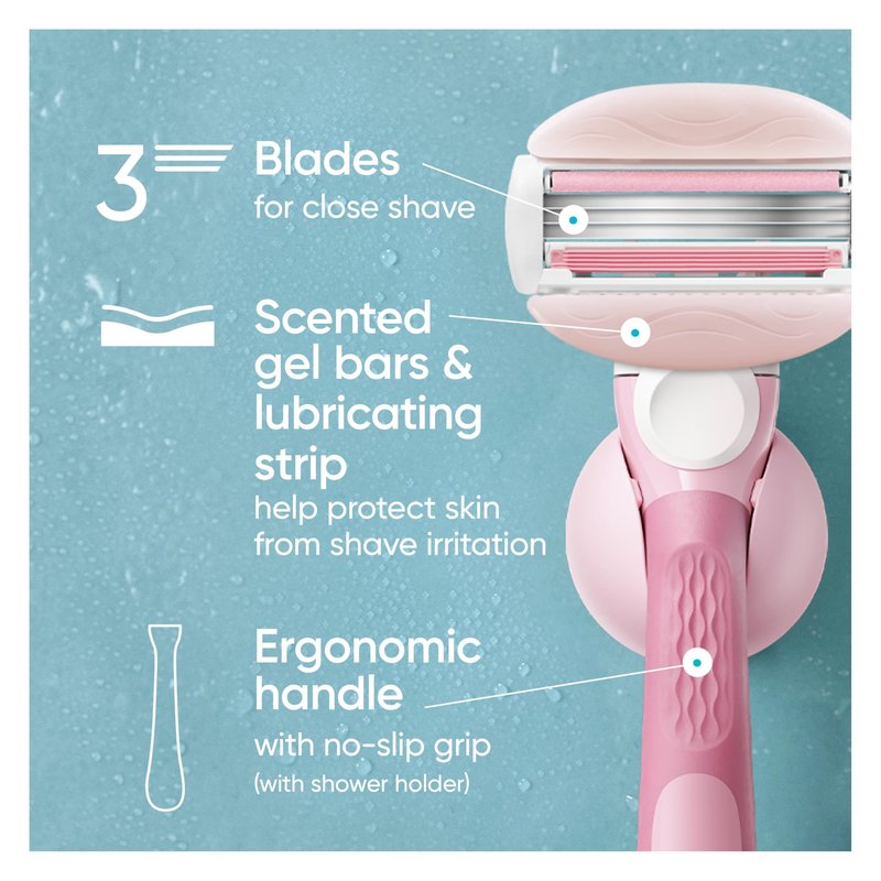Gillette Venus ComfortGlide Razor for Women, White Tea Scented Gel Bars, Includes 1 Reusable Razor Handle + 2 3-Bladed Razor Refills, Women's Razor with Built-in Shave Gel Bars