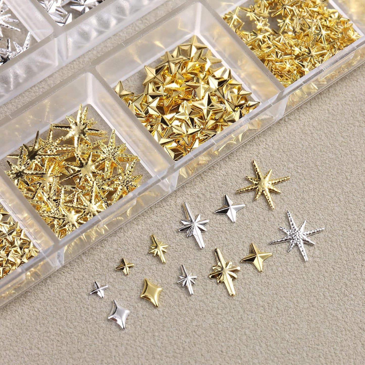 Furtherpretty Gold Star Nail Charms, 3D Silver Nail Charms Metal Studs Cross Star Celestial Nail Decorations, Flat-Back Nail Art Accessories with Tweezers for Women, Manicure Salon Supplies