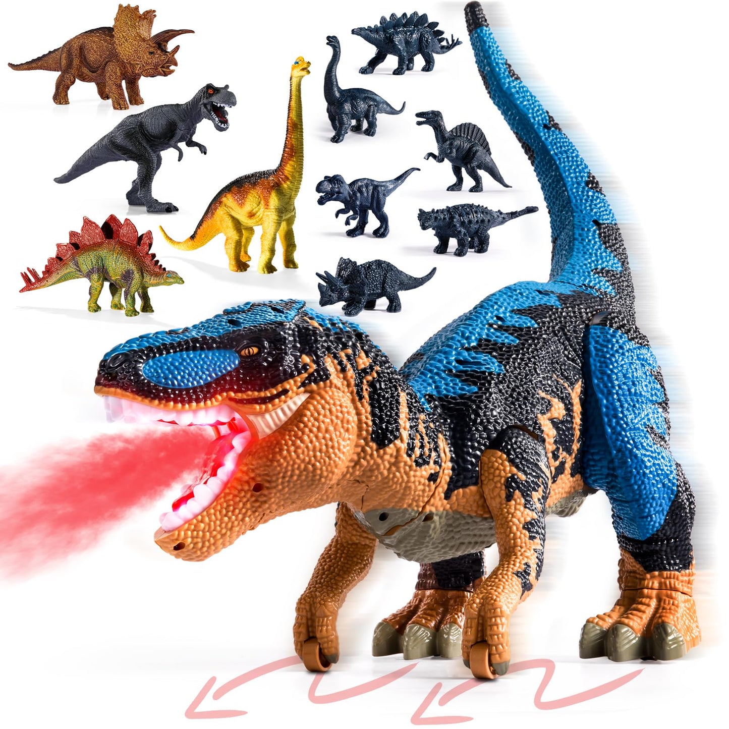 BLmukce 24" Large Dinosaur Toys for Kids 3-5, Big Dinosaur Tyrannosaurus rex Figure Toy with 10+ Dinosaurs Belly Storage, Gliding Wheels, Lights Sounds & Mist Spray – T-Rex that eats Toy for Boys Gift