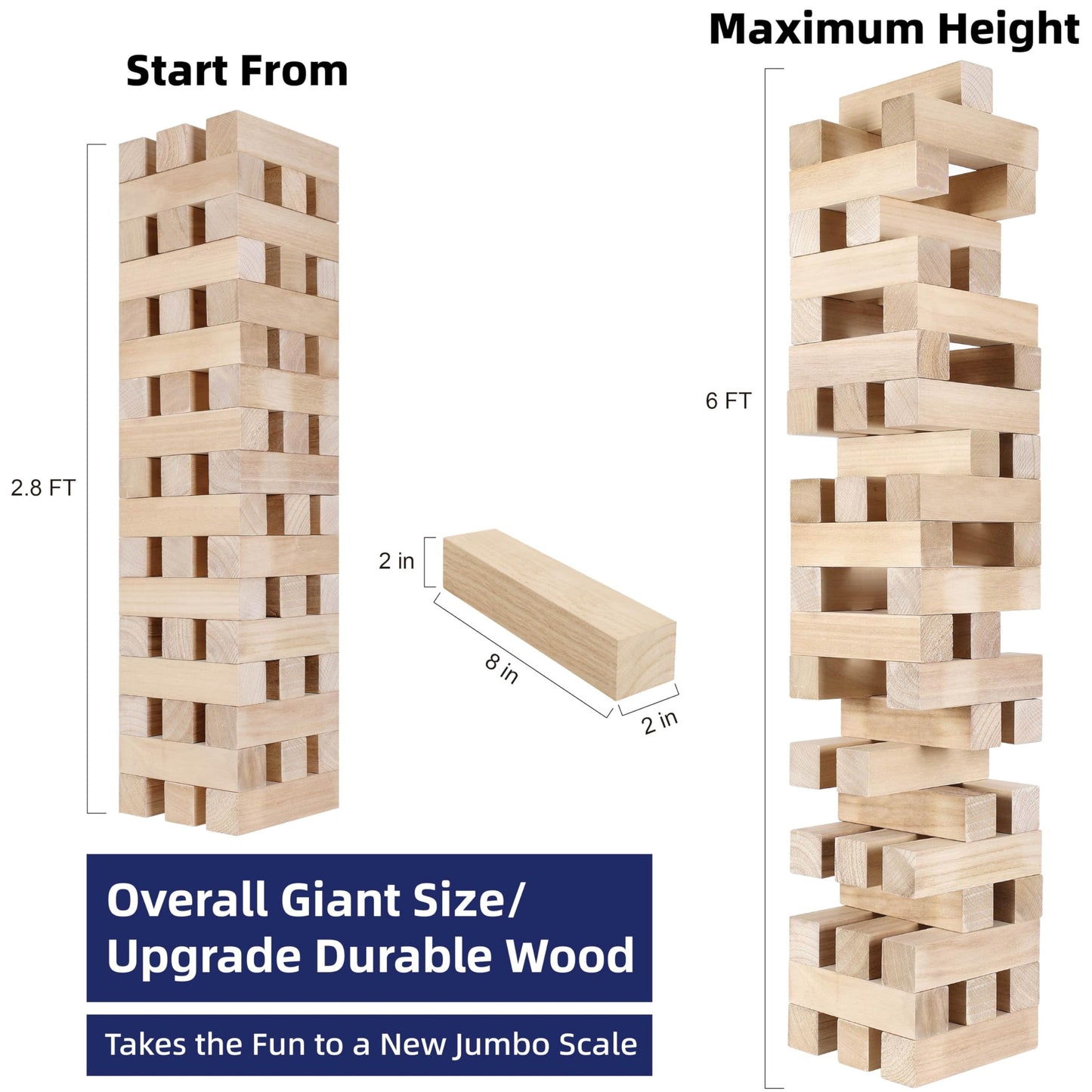 GOTHINK Giant Tumbling Tower Game, Super Large 51pcs Wooden Blocks Stacking Game, Stacking to Over 6 Feet, Jumbo Timber Blocks with Carry Bag, Jumbo Outdoor Indoor Game Toy Gift for Kids and Adults