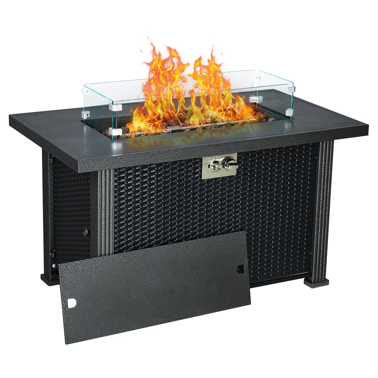Outdoor Fire Table, 44 inch Rectangle Propane Gas Fire Pit Table, 50,000 BTU Modern Firepit with Wind Guard, Lava Rock, Rain Cover