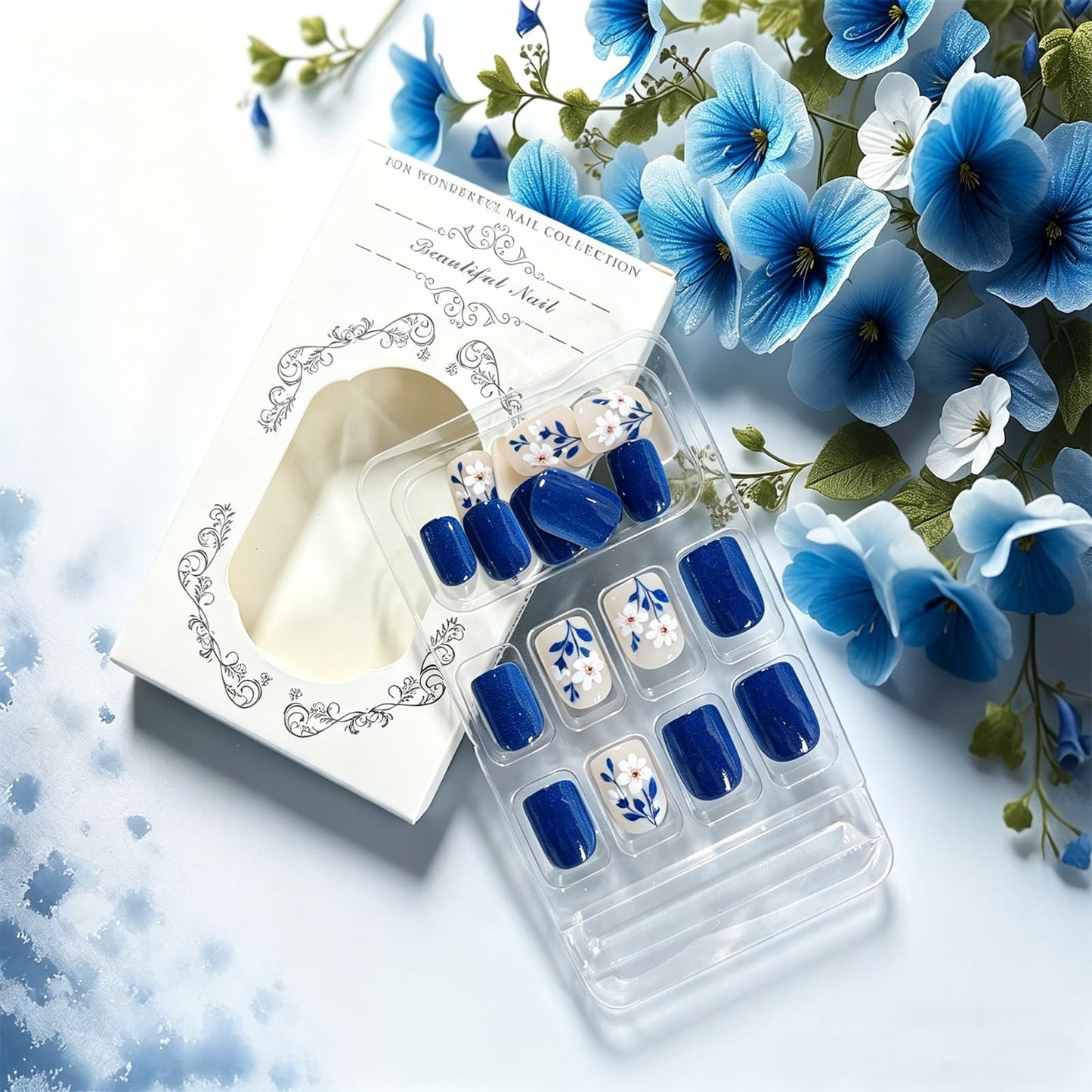GCSQW Dark Blue Press on Nails Short Square Fake Nails with Cute Flowers Design Glossy Acrylic Nails Press ons, 24Pcs Summer Floral Stick on Nails for Women Manicure Daily Wear