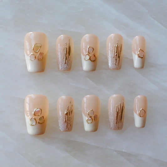 [GLORS] Purly Handmade Medium Ballerina Press on Nails | Mica Love - Shell Piece Pure and Seductive Fake False Nail Art, 10 Pieces (Small, MB)
