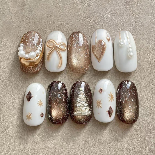 30Pcs Champagne Gold Press-on Nails Short Fake Nails with Pearl Heart Bow Starburst Design Glossy Sparkling French Nails Tip Stick on Nails Full Cover Press ons Acrylic Nails for Women