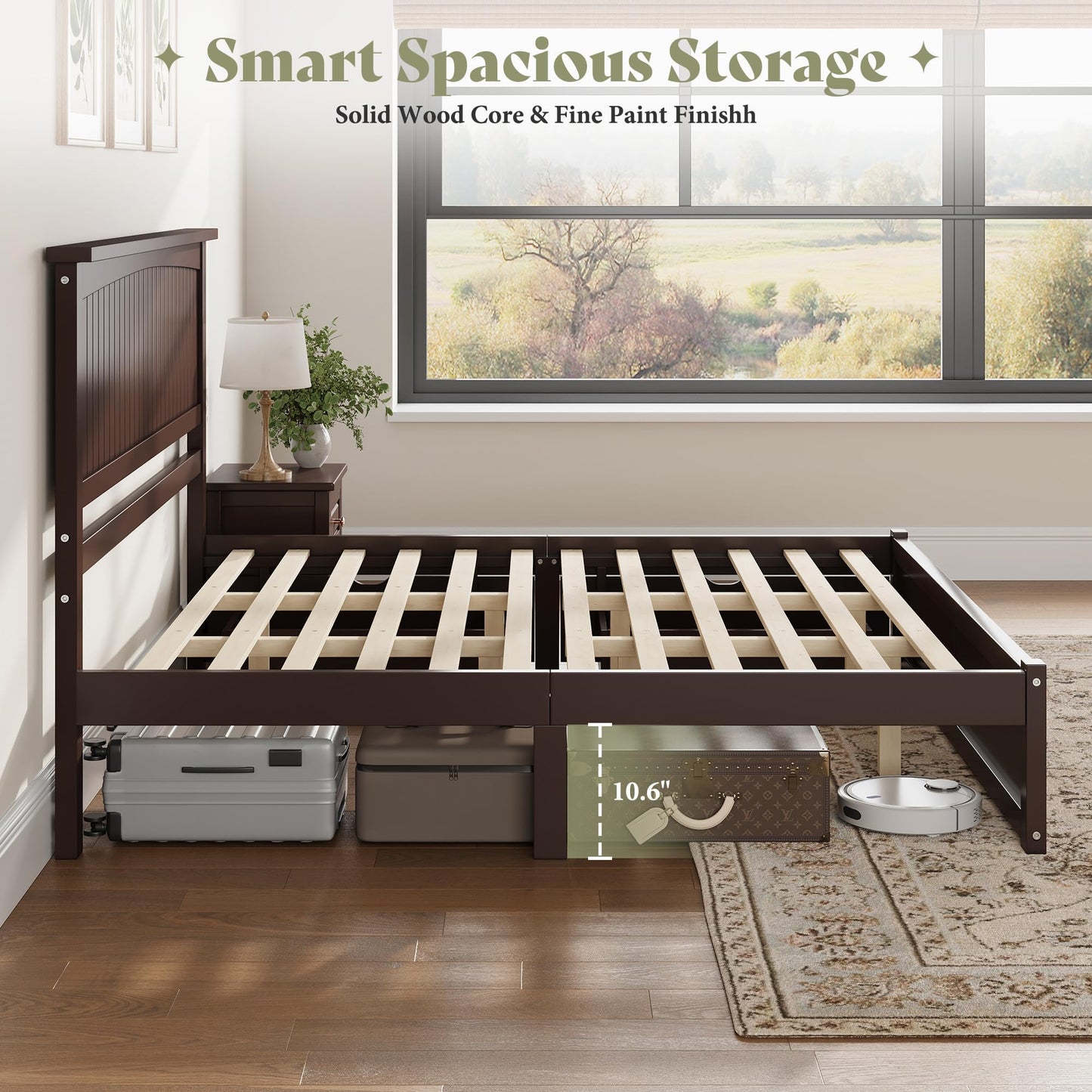 AMERLIFE Queen Size Solid Wood Bed Frame with 50" Tall Headboard, Mid-Century Modern Bed with Storage Drawers, Clean Wooden Platform Bed, 2 Side Drawers/No Box Spring Needed/Espresso Walnut