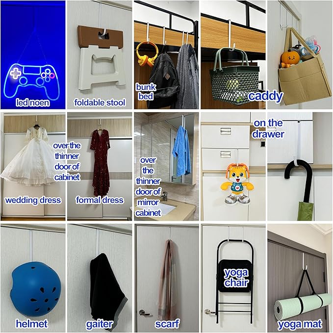 Mars-Rock Over The Door Metal Hooks with Plastic Coating 7.5" Fit 0.5" to 1 3/8" Door 4 Pcs Heavy Duty Single Towel Robe Rack Wreath Bathroom Shower Hanger Shoe Organizer Ironing Board Long White