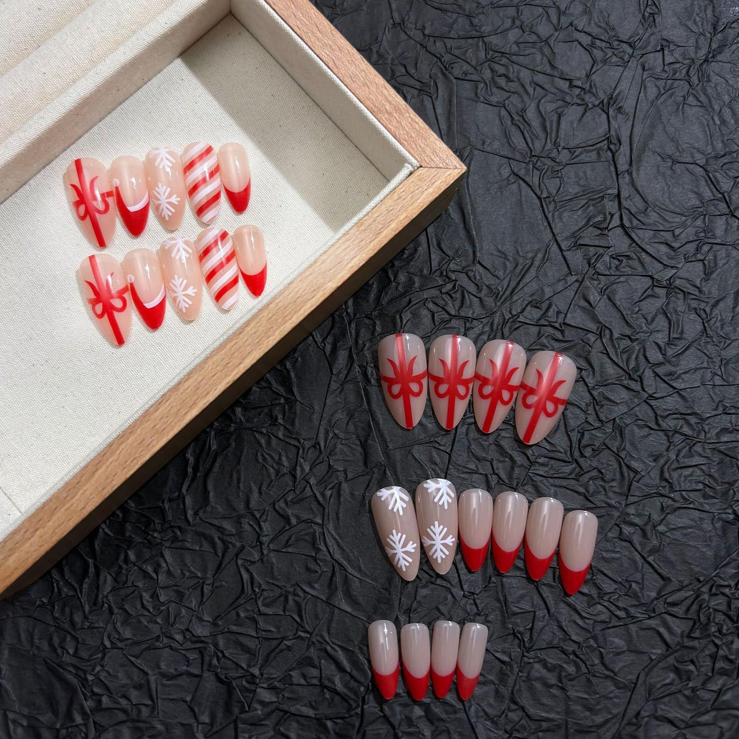 Christmas Press on Nails Medium Almond Red French Tip Fake Nails False Nails with Cute Christmas Hat & Snowflake Bow Designs Glossy Glue on Nails for Women Girls 24 Pcs