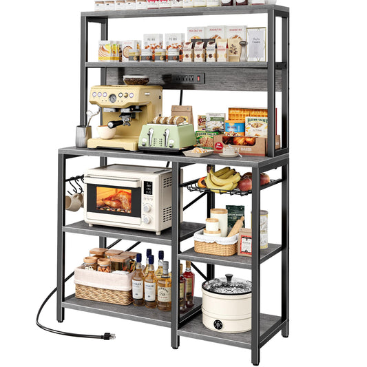 SUPERJARE Bakers Rack with Power Outlet, 35.4 Inches Coffee Bar with Wire Basket, Kitchen Microwave Stand with 6 S-Shaped Hooks, Open Storage Shelves, Charcoal Gray