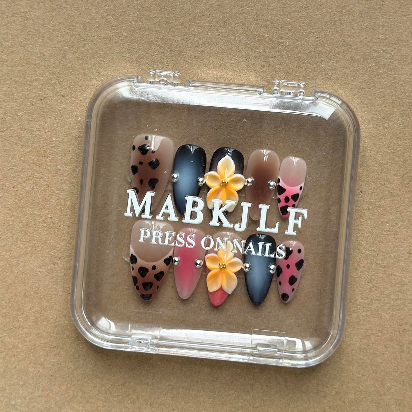 Luxury Press on Nails Medium Almond Handmade 3D Unique Reusable ABS Material Fake Nails False Nails with Designs Yellow Flower Leopard Art Petal Pink Glossy Glue on Thick Acrylic Nails(M)