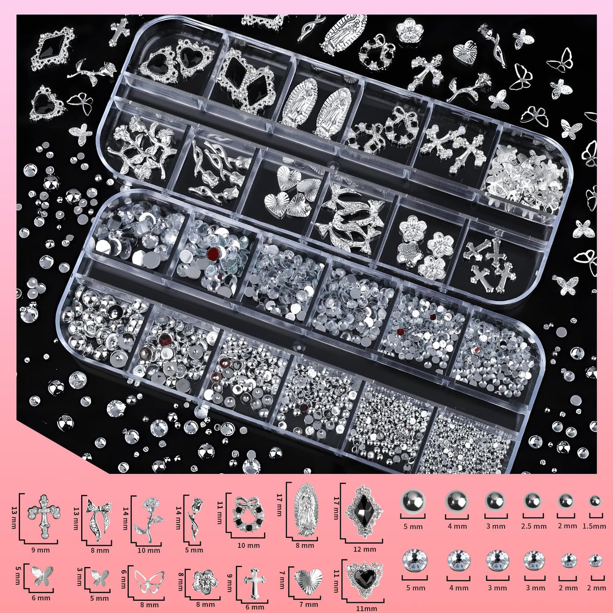 Teenitor Silver Nail Charms and Gems Kit, 4 Boxes Nail Gems Silver Rhinestones for Nails, 3D Y2K Accessories Nail Decor, Cross Charms for Nails Design Star, Caviar Beads for Nails Art