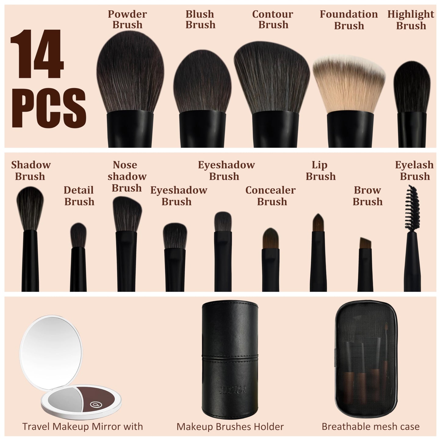 Jilier 14 pcs Mini Makeup Brushes and Pocket Mirror, Travel Makeup Brush Set, LED Compact Mirror with Light, Travel Size with Case, Portable for Handbag, Travel Essentials for Women
