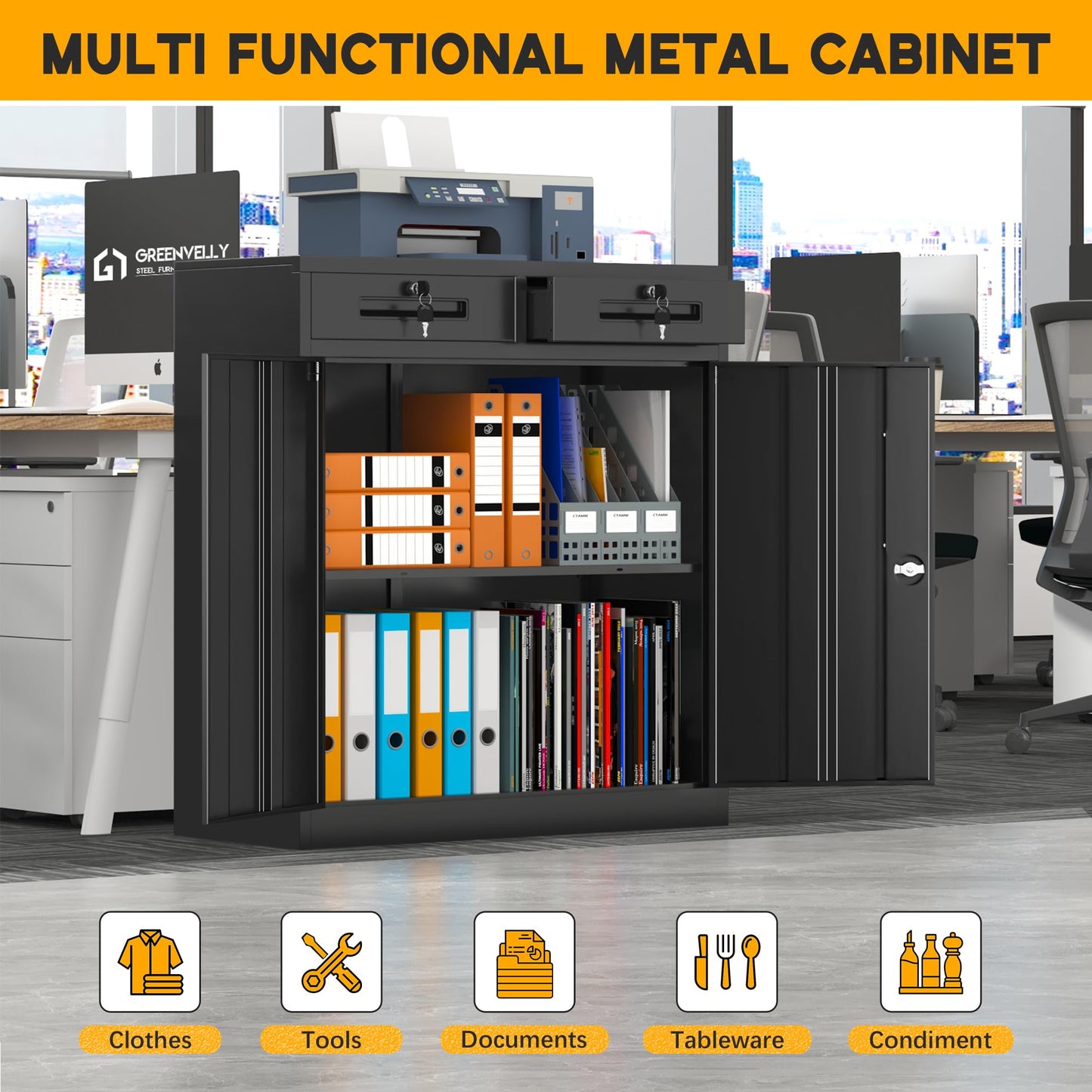 Greenvelly Metal Storage Cabinet, 36" H Lockable Storage Cabinet with 2 Drawers and Adjustable Shelf, Locked Metal Cabinets for Office, Garage, Home (Black)