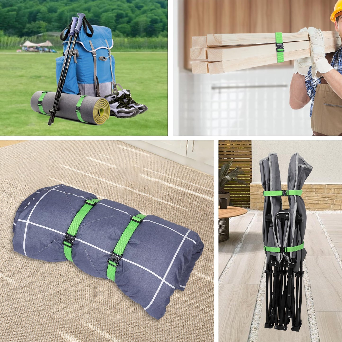 Vividwise Utility Straps with Metal Quick Release Buckle, Adjustable Nylon Belt Backpack Accessories Sleeping Bag Strap for Hiking, Travel, Outdoor Sports (Green-Metal Buckle, 1" W-48 L)"
