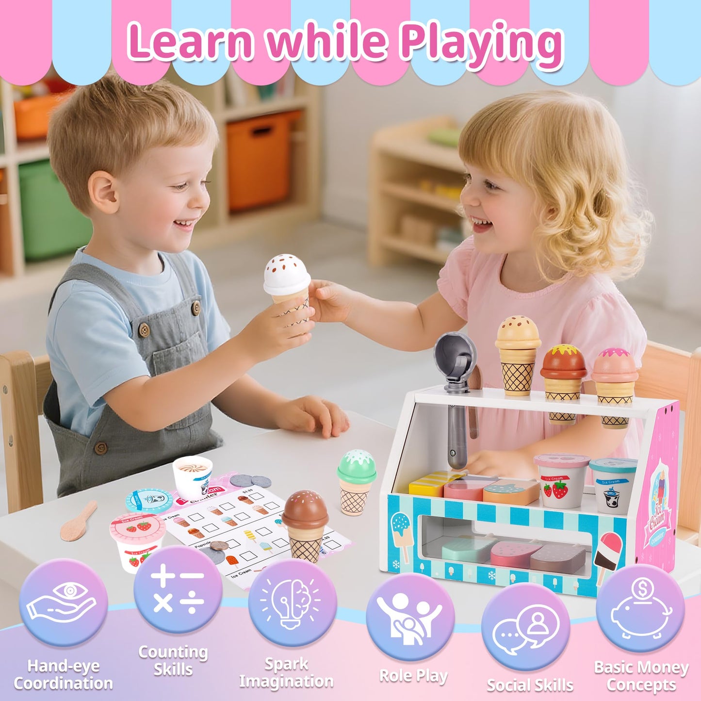 Ice Cream Toy, Wooden Ice Cream Play Set with Aprons, Fake Money, Scoop, Menu, Ice Cream Toys Pretend Play Toys for Girls Boys, Wooden Play Food Set Toy Kitchen Gifts for 3 4 5 6 Year Old Toddlers