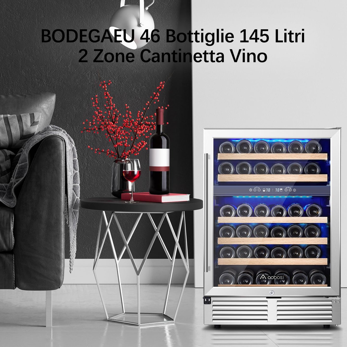 AAOBOSI 46 Bottles Wine Fridge, 24 Inch Wine Cooler with Dual Zone, Freestanding and Built-in Wine Refrigerator with Blue LED Light and Adjustable Shelves