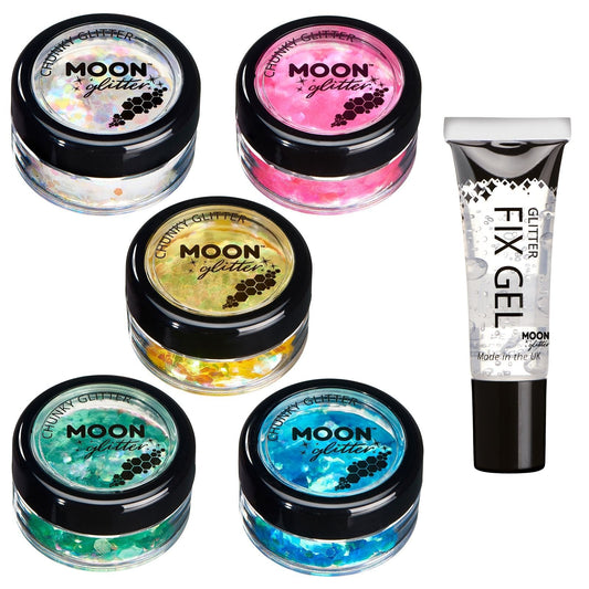 Iridescent Chunky Glitter by Moon Glitter – 100% Cosmetic Glitter for Face, Body, Nails, Hair and Lips - 0.10oz - Set of 5 colours