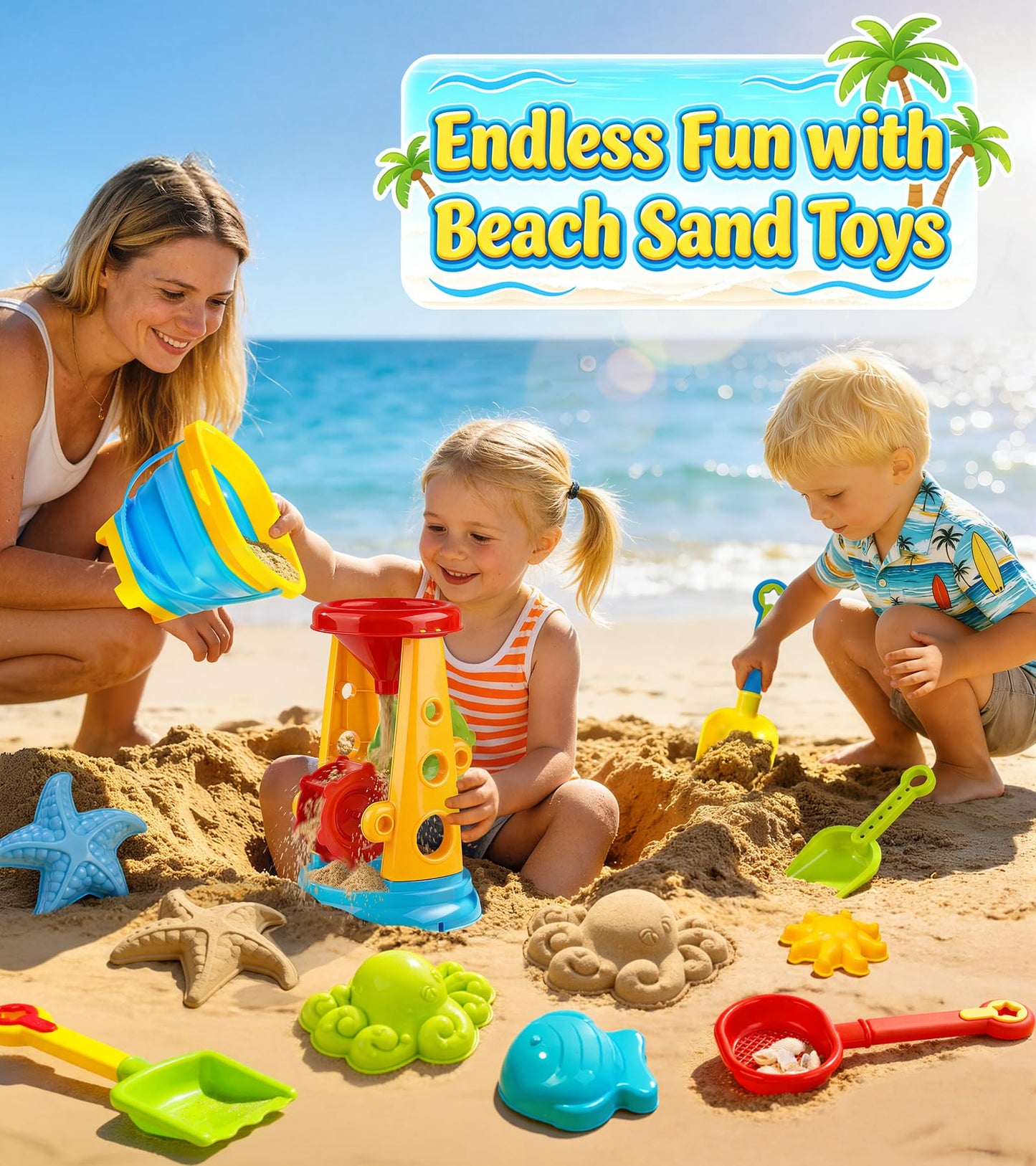 Collapsible Beach Sand Toys for Kids Toddlers, Collapsible Sand Bucket with Water Wheel Sifter Shovels Set with Mesh Bag and Sand Molds, Travel Beach Sandbox Toys for Boys Girls 3 4 5 6 7 8 9 10+