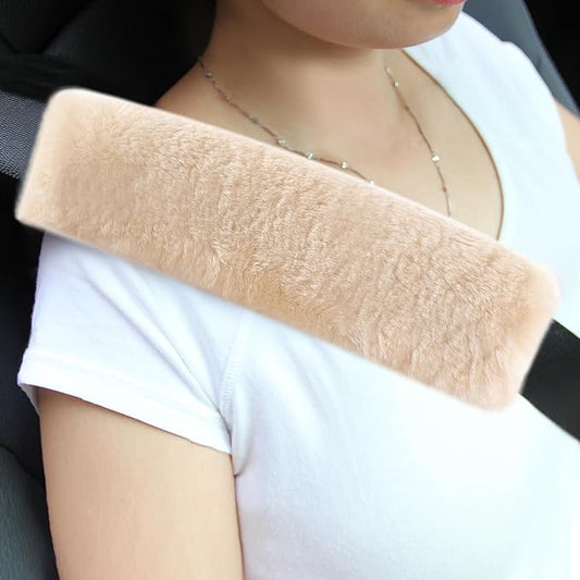 Amooca Authentic Sheepskin Seatbelt Cover Real Wool Car Truck SUV Airplane Seat Belt Shoulder Pad for Carmera Backpack Straps Neck Cushion Protector 2 Pack Beige