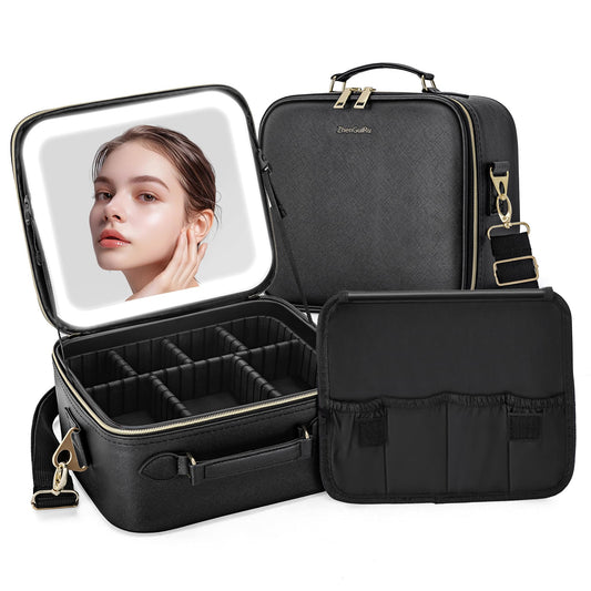 Gdsshuhung LED Makeup Bag with Mirror, Lighted Cosmetic Case with Natural Light, Adjustable Brightness and Soft Lighting, Travel Organizer with Compartments for Women(Black)