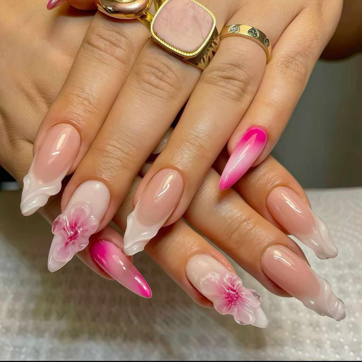 Long Press on Nails Almond Fake Nails Pink Acrylic Nail Press Ons Seeneey 3D Flowers Ombre Stick on Nail for Women 24pcs