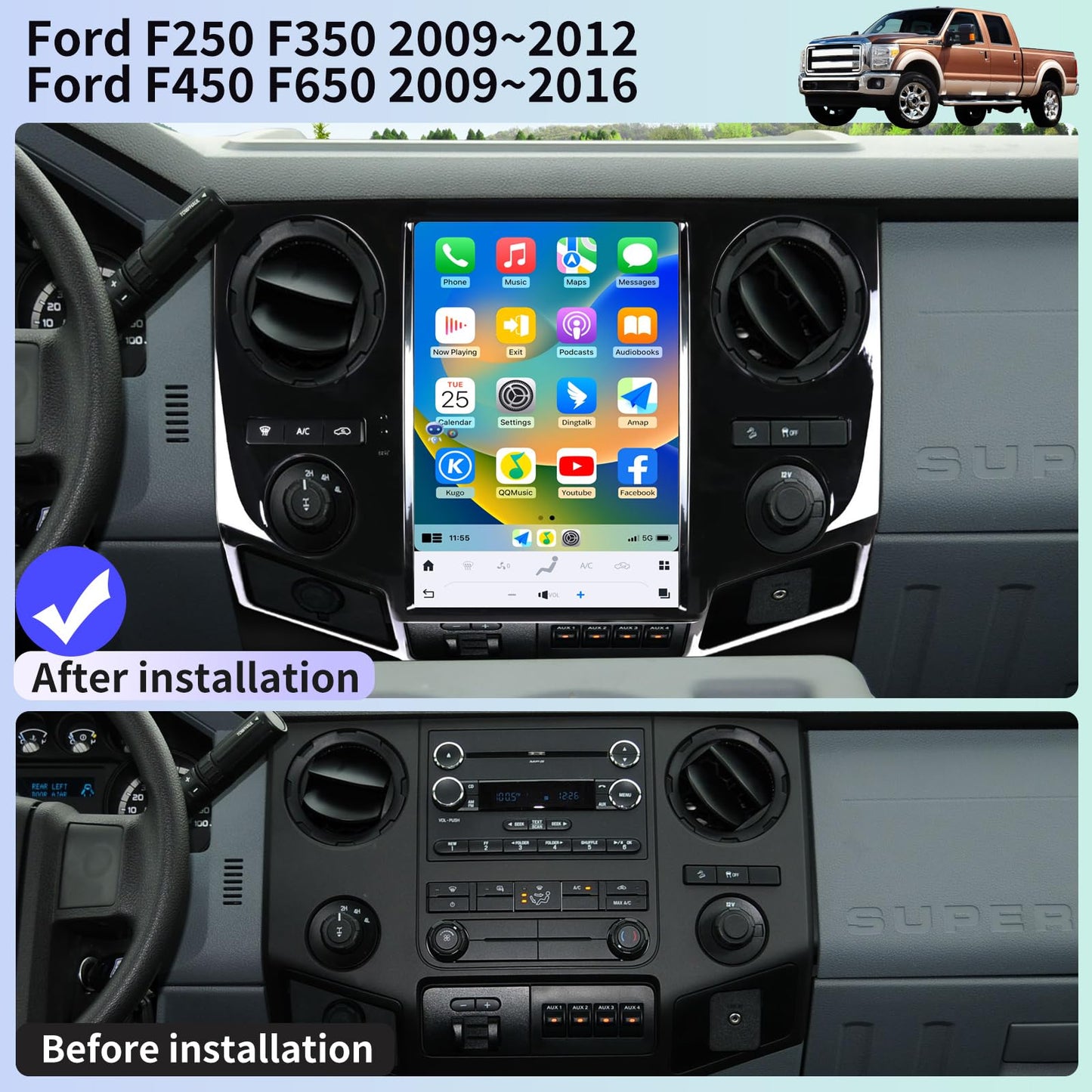 Qualcomm Car Radio for Ford F250 F350 2009-2012 F450 F650 2009-2016 Stereo Replacement Carplay Android Auto Upgrade 12.1 Inch 2K IPS Touch Screen Android 13 Tesla Style Head Unit Navigation