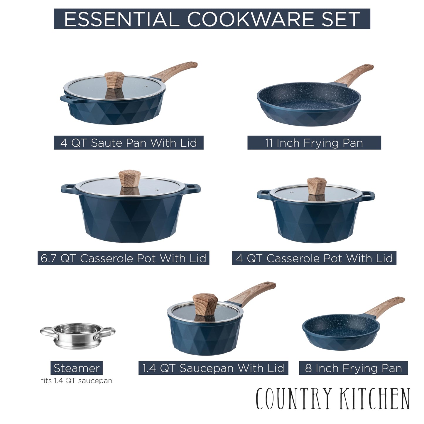 Country Kitchen Non-Stick Cast Aluminum Cookware Set - Durable Kitchen Cookware for Everyday Cooking, Navy Diamond, 11 Pc.