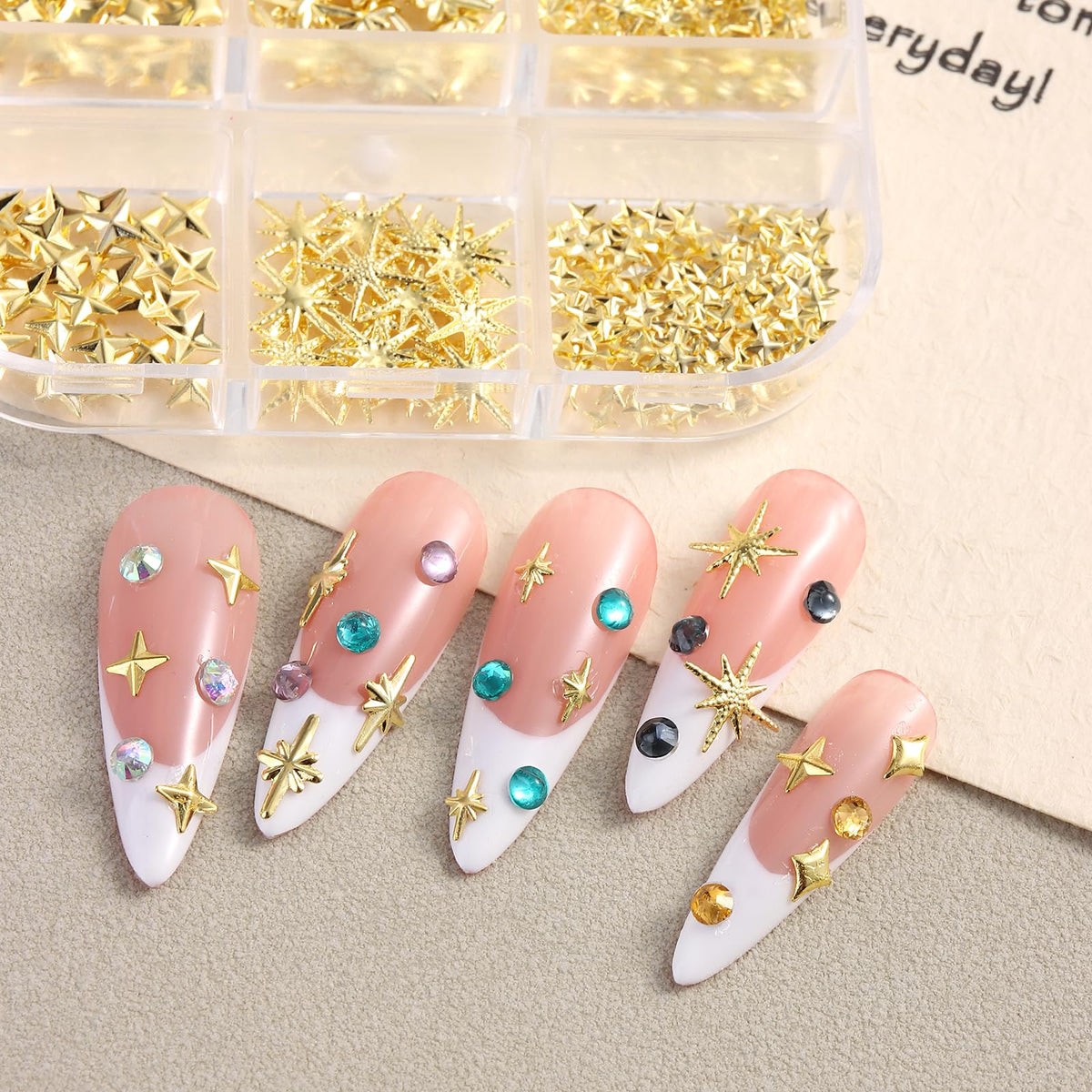 Star Nail Charms for Nails Art, 3D Gold Mixed Styles Stars Metallic Studs Rivets and Small Round Caviar Beads with Tweezers, Nail Jewelry Decorations Manicure Supplies Accessories for DIY Craft