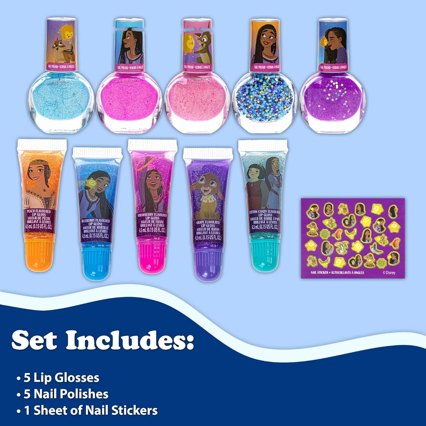 Disney Wish Sparkly Cosmetic Makeup Set for Girls with Lip Gloss Nail Polish Nail Stickers - 11 Pcs | Perfect for Parties Sleepovers Makeovers | Birthday Gift for Girls 3+ by Townley Girl