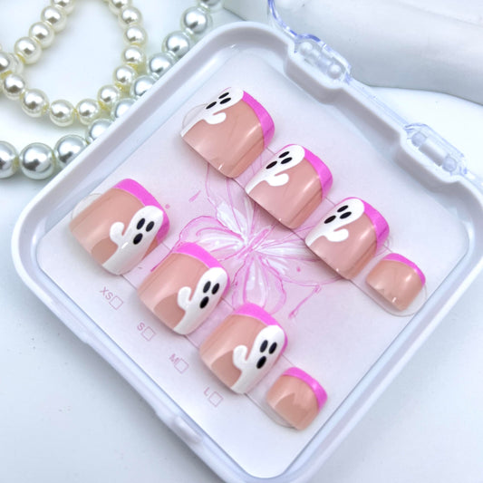 Halloween Pink French Press on Toenails Short Square Fake Toenails Cute Ghost False Toenails Pink Halloween Glossy Full Cover Acrylic Glue on Toe Nails s for Women Manicure Decoration 24Pcs