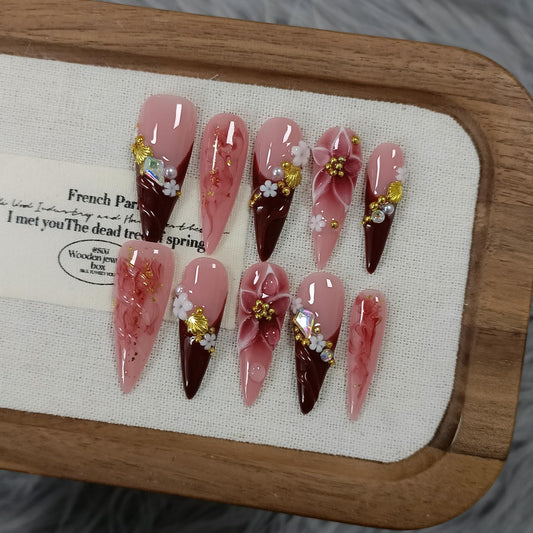 TENPAL Handmade Press on Nails Long Stiletto - Burgundy French Tips 3D Floral Embossed Glossy False Nails for Women Girls Fall Winter- Glossy Acrylic Y2K Nails for Parties Date Daily Wear(M)