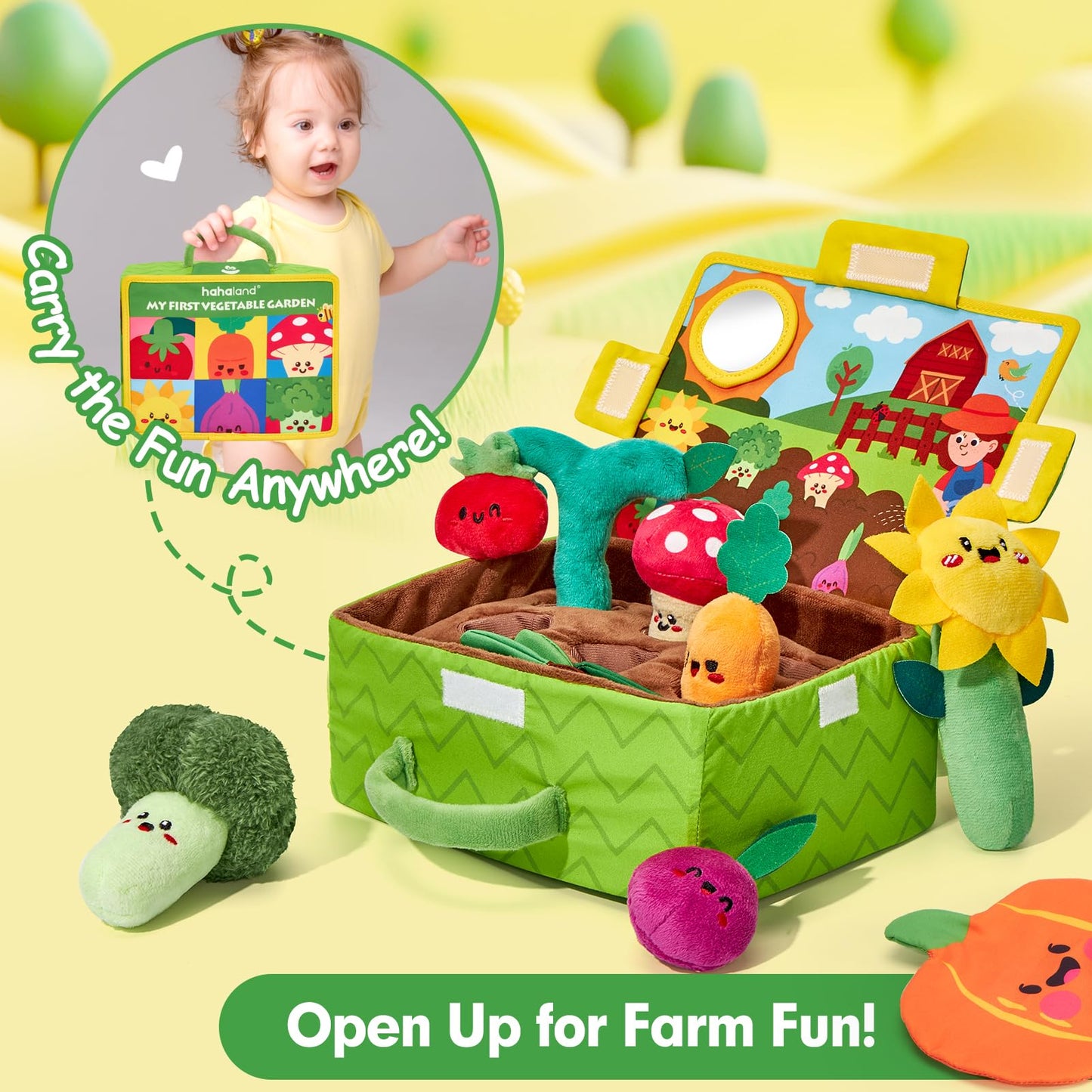 hahaland Baby Toys 6-12 Months - Fruits Vegetables Garden Plant Plush - 6 Month Old Toys Montessori Sensory Toy Carrot Flower with Rattles Mirror Squeaker Textures Crinkle Tissues Christmas Baby Gifts