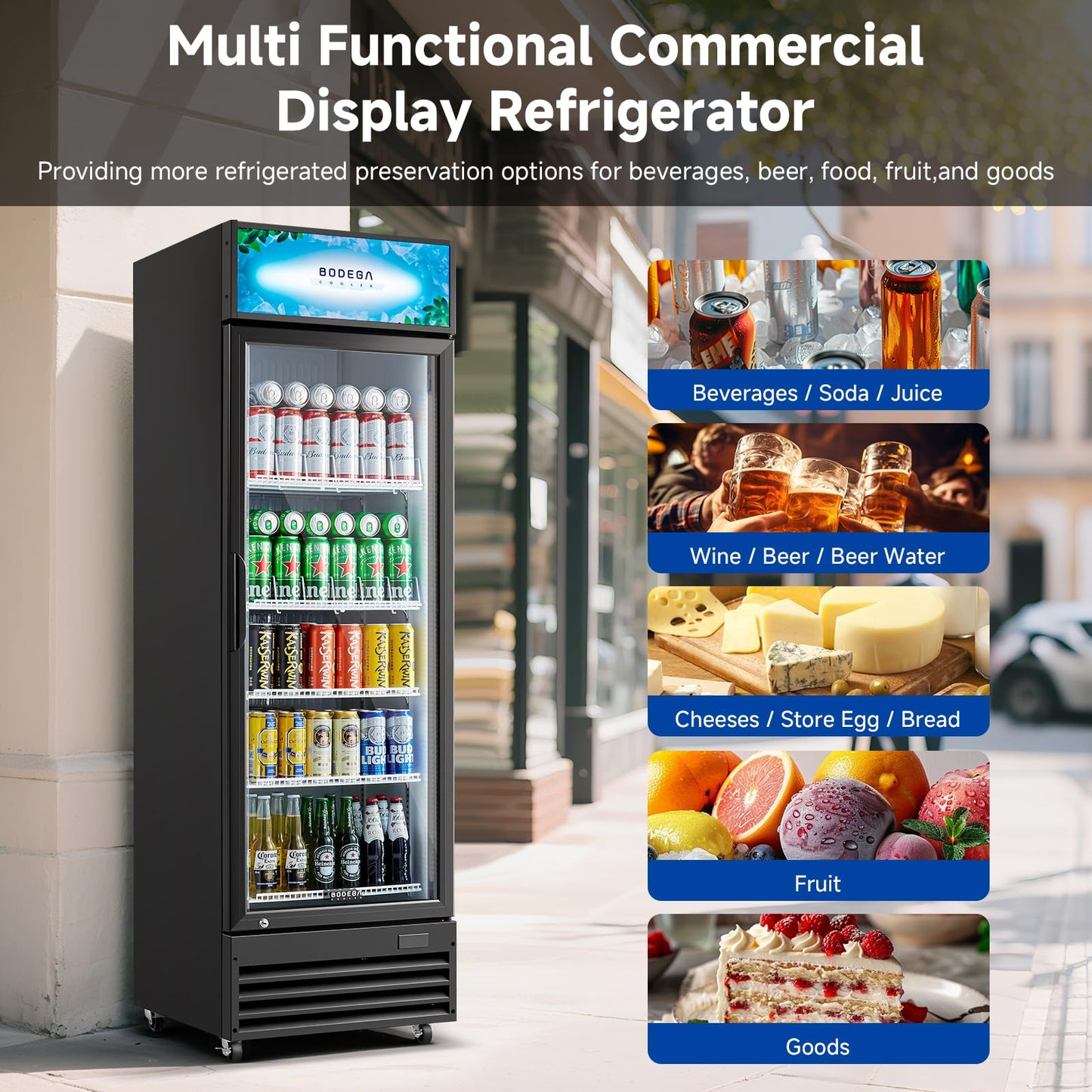 BODEGACOOLER 255L/270 Qt Commercial Beverage Refrigerator | Glass Door Merchandiser Fridge with LED Light, 32°F-50°F Temp, Energy-Saving & Magnetic Seal, 4 Adjustable Shelves for Bar/Office/Kitchen