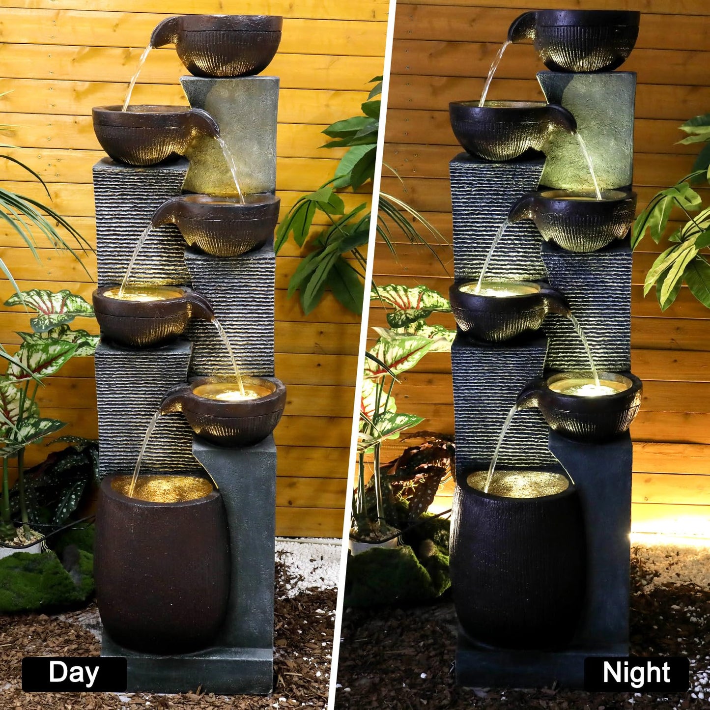BBabe 53.5in High Outdoor Indoor Water Fountain, 6-Tiered Poly-Resin Waterfall Fountain with LED Lights, Decorative Floor Standing Fountain for Garden, Patio, Yard, Home Decor