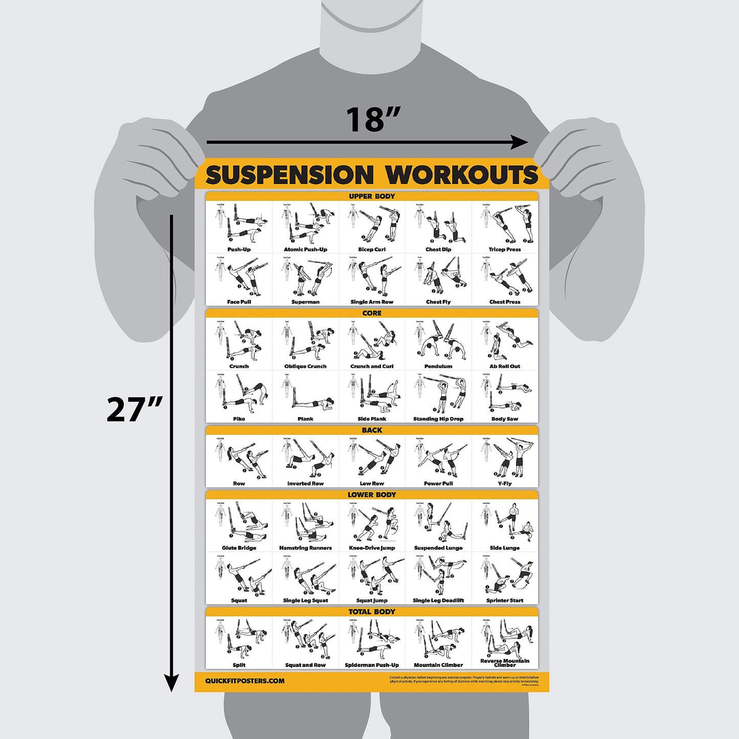 10 Pack - Exercise Workout Poster Set - Suspension Volume 1 & 2, Dumbbell, Kettlebell, Resistance Bands, Stretching, Bodyweight, Barbell, Yoga Poses, Exercise Ball (PAPER - NOT LAMINATED 18" x 24"")"