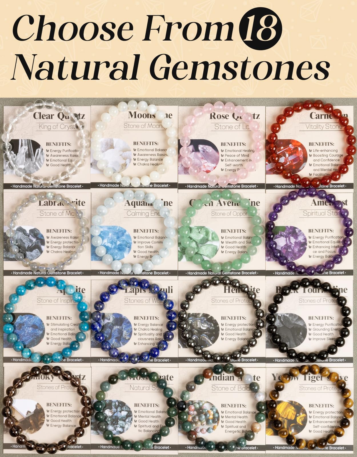 Landorilo Beaded Bracelet for Men Women, 8mm Natural Stone Labradorite Healing Crystal Stretch Bracelets, Ideal Christmas Birthday Jewelry Gifts with Energy Card，Replacement Beads Included