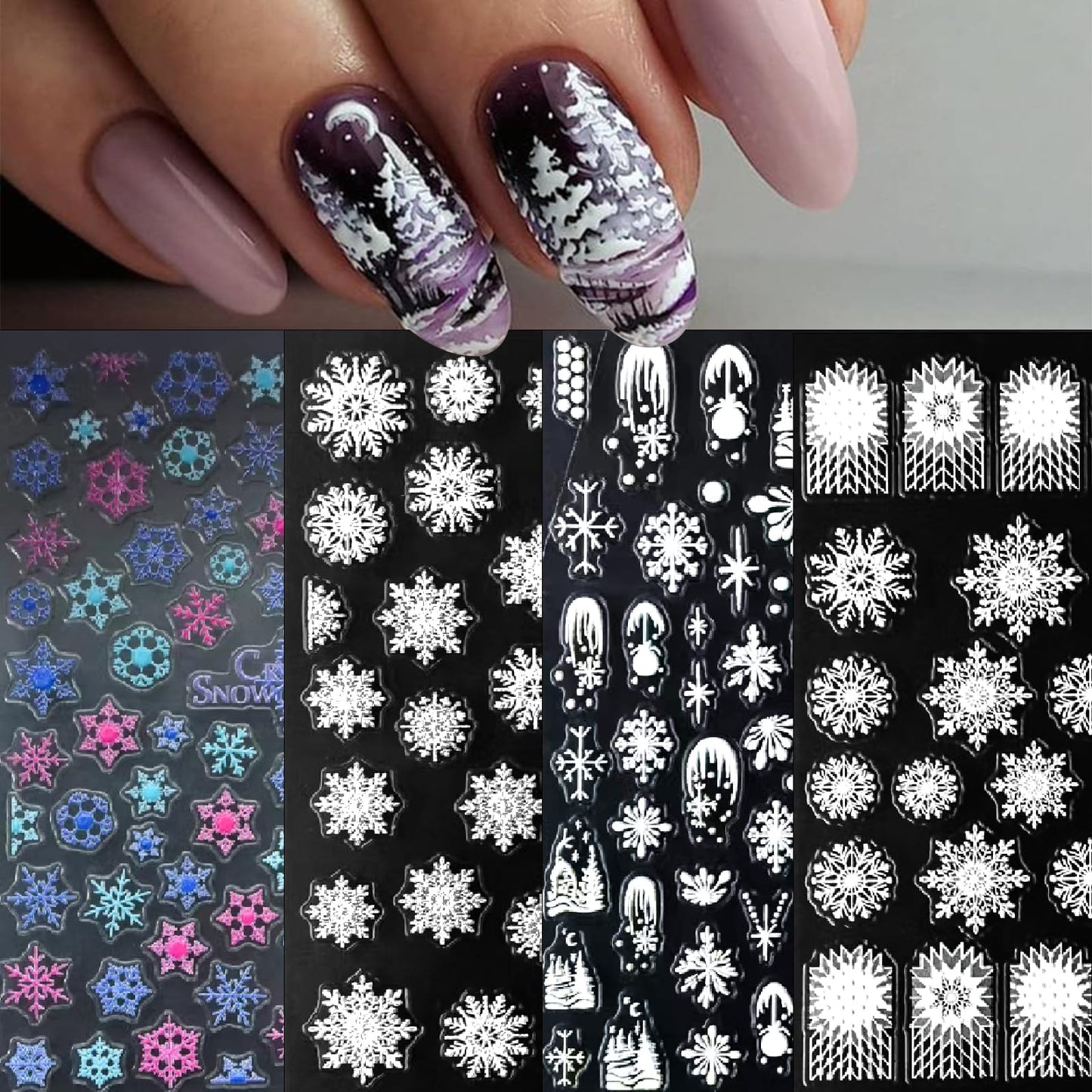 4 Sheets 5D Snowflake Nail Art Stickers Color Snowflakes Nail Decals White Snow Cover Christmas Tree Design Self-Adhesive Pegatinas Uñas Xmas Nail Stickers Winter Nail Decals for Women Nails