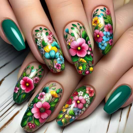 Colorful Gradient Floral Press on Nails Medium Square Fake Nails Spring Summer Leaf Pattern False Nail Design Green Glossy Acrylic Nails for Women Girls DIY Manicure Decoration 24Pcs
