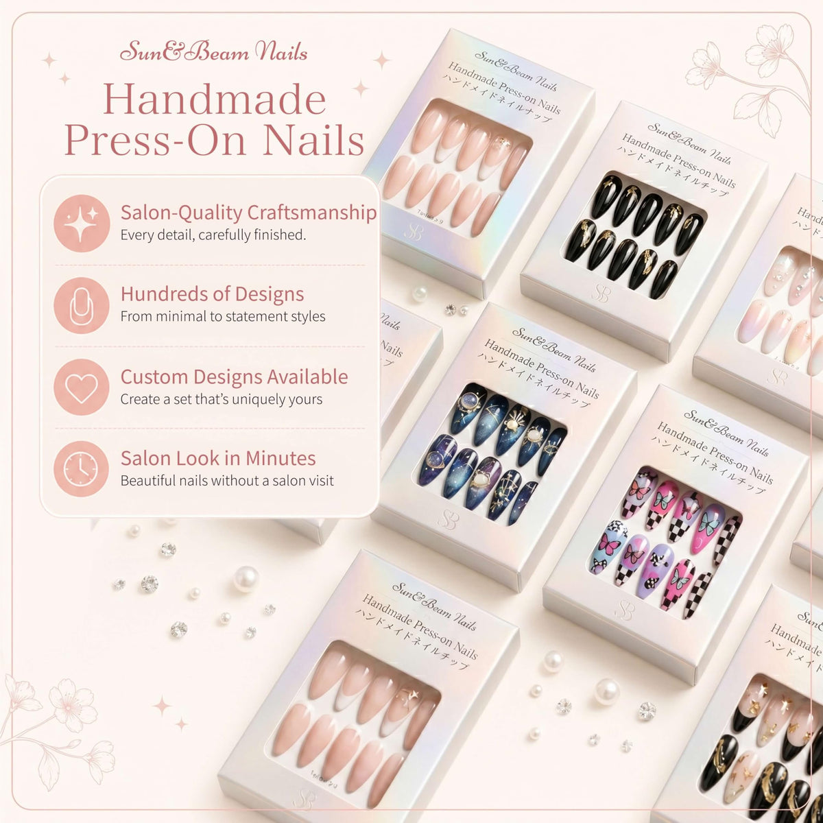 Sun&Beam Nails Handmade Press On Nails Medium Almond Metallic Pink Pearl Shell Design with Shimmer Finish 10 Pieces for Everyday Wear and Special Occasions (#019 M)