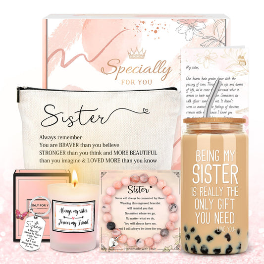 Sister Gifts from Sisters Birthday Gifts for Sisters Adult Best Sister Ever Gift Ideas for Women Cool Presents Set with Funny Glass Cup, Unique Makeup Bag, Scented Candle, Bracelet, Keychain, Card
