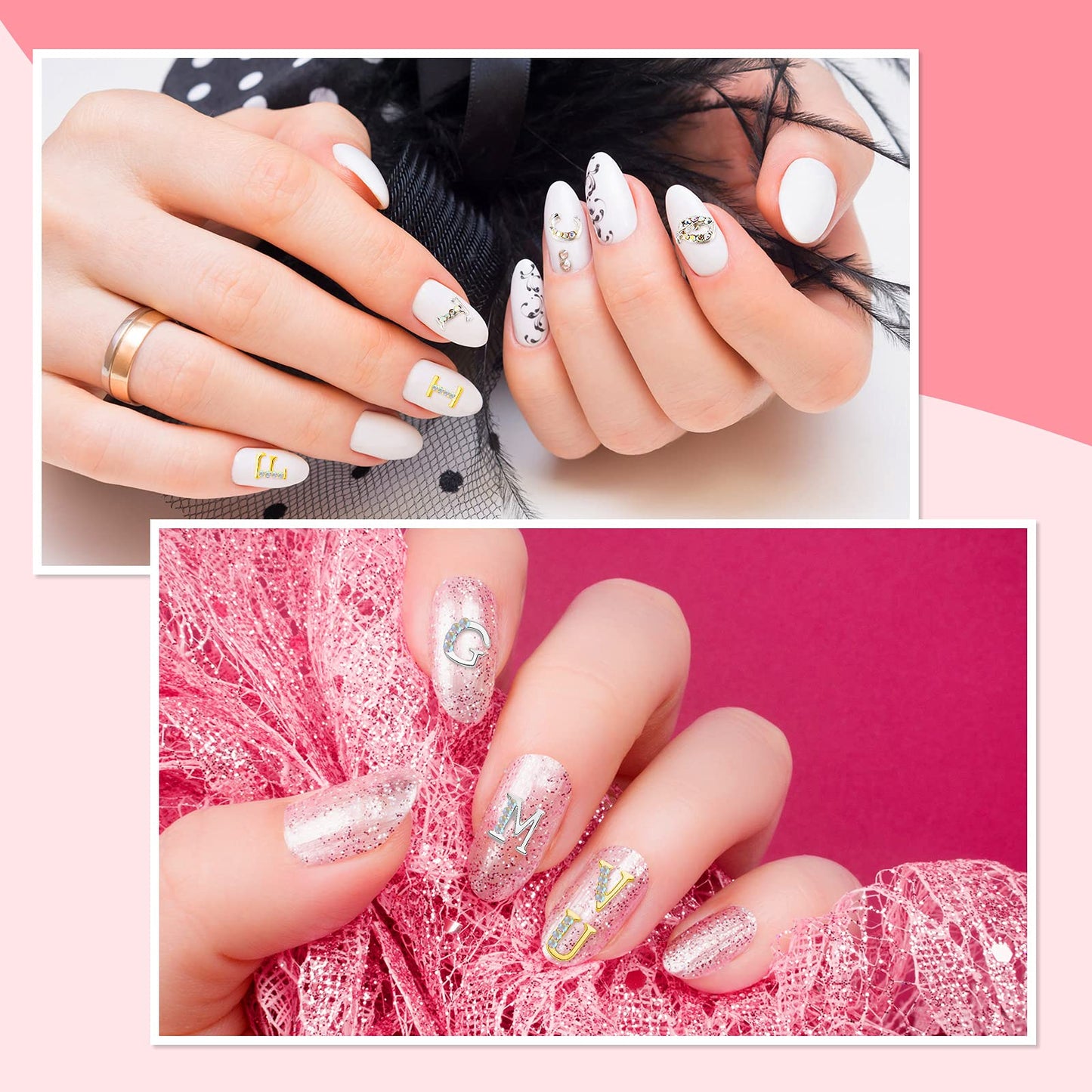 Maitys 104 Pcs Gold Silver Letter Nail Charms 3D Capital Charms Studs Letters and Rhinestone Crystal Nail Decals English Alphabet Fingernail Art Decoration for Women Female DIY Fingernail Art