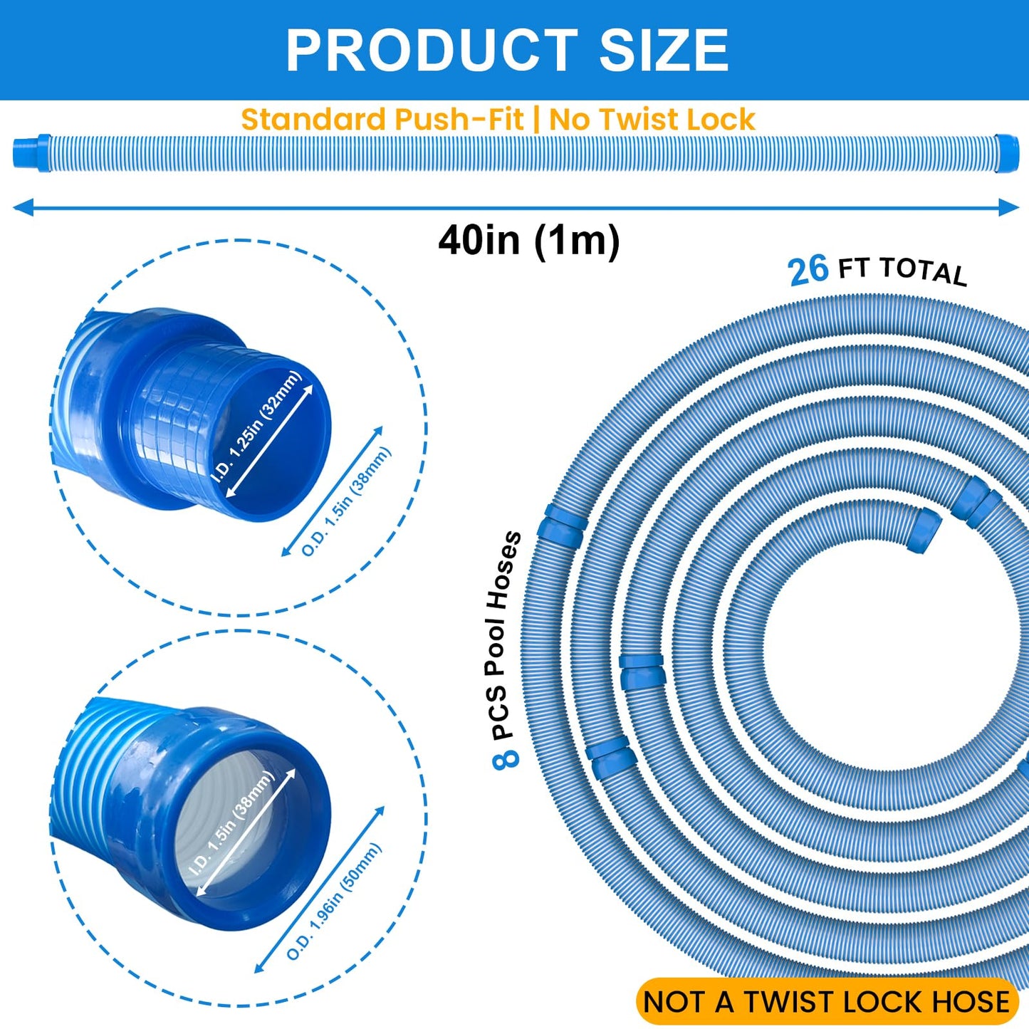 Poolvio Pool Vacuum Hose 26 Feet (8 x 40 Inch), 1.5 Inch Cuffs, Compatible with Most Inground Automatic Cleaners