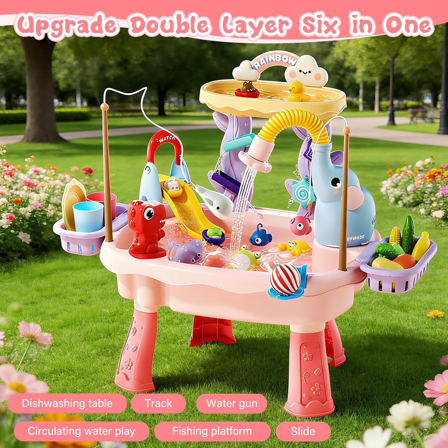NOPROB 2027 Upgraded Toddlers 1-3 Water Table with Electric Pump, Kids Water Table with Faucet Play Food Accessories Fishing Toy, Kitchen Play Sink Toys for Girl Boy Age 4-8 (Pink)