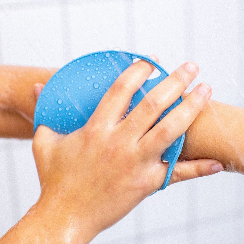 Boie USA Flat Body Scrubber - Soft Silicone-Like Exfoliating Shower Scrubber & Body Cleansing Brush - Stick-to-Wall Loofah Replacement - Antimicrobial Exfoliator for All Skin Types (Blue)