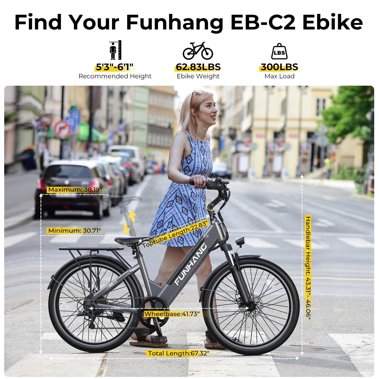 Funhang Electric Bike for Adults, 1000W Peak Ebike, 50Miles 21.7MPH Step Thru Electric Bicycle, 26" Commuter E Bikes with 48V Built-in Removable Battery, Adjustable Stem, 7-Speed, UL 2849 Certified