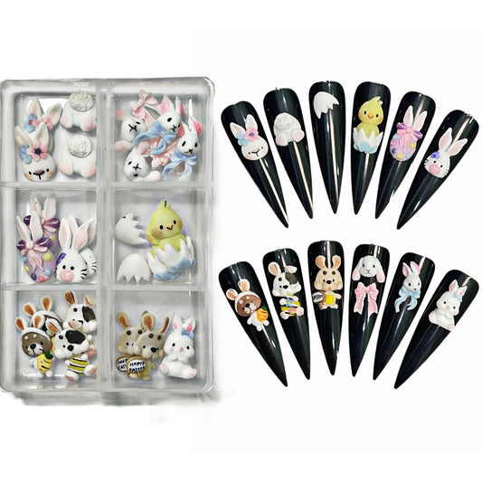 3D Acrylic Easter Character : RABIT, Chicken, Bear Nail Art Charms Handmade by Acrylic Powder - 24pcs Flowers Nail Rhinestones Kit 3D Nails Design Acrylic Nail Art for Women (Easter Nails)